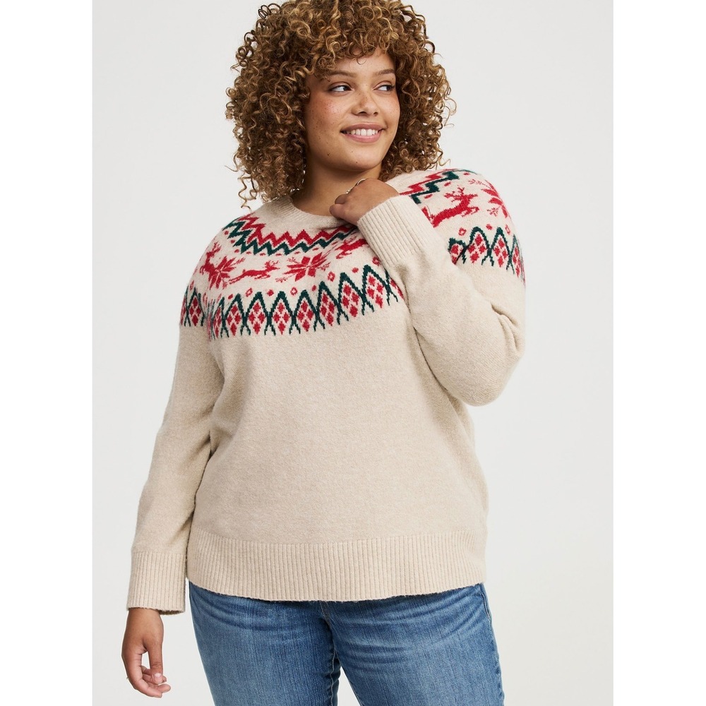 Torrid Sweater Womens 2 Beige Fair Isle Reindeer Snowflake Pullover